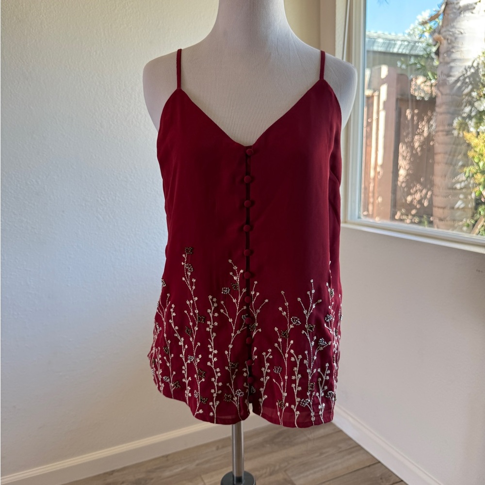 Floral Embroidered & Beaded Burgundy Camisole Spaghetti Strap Top